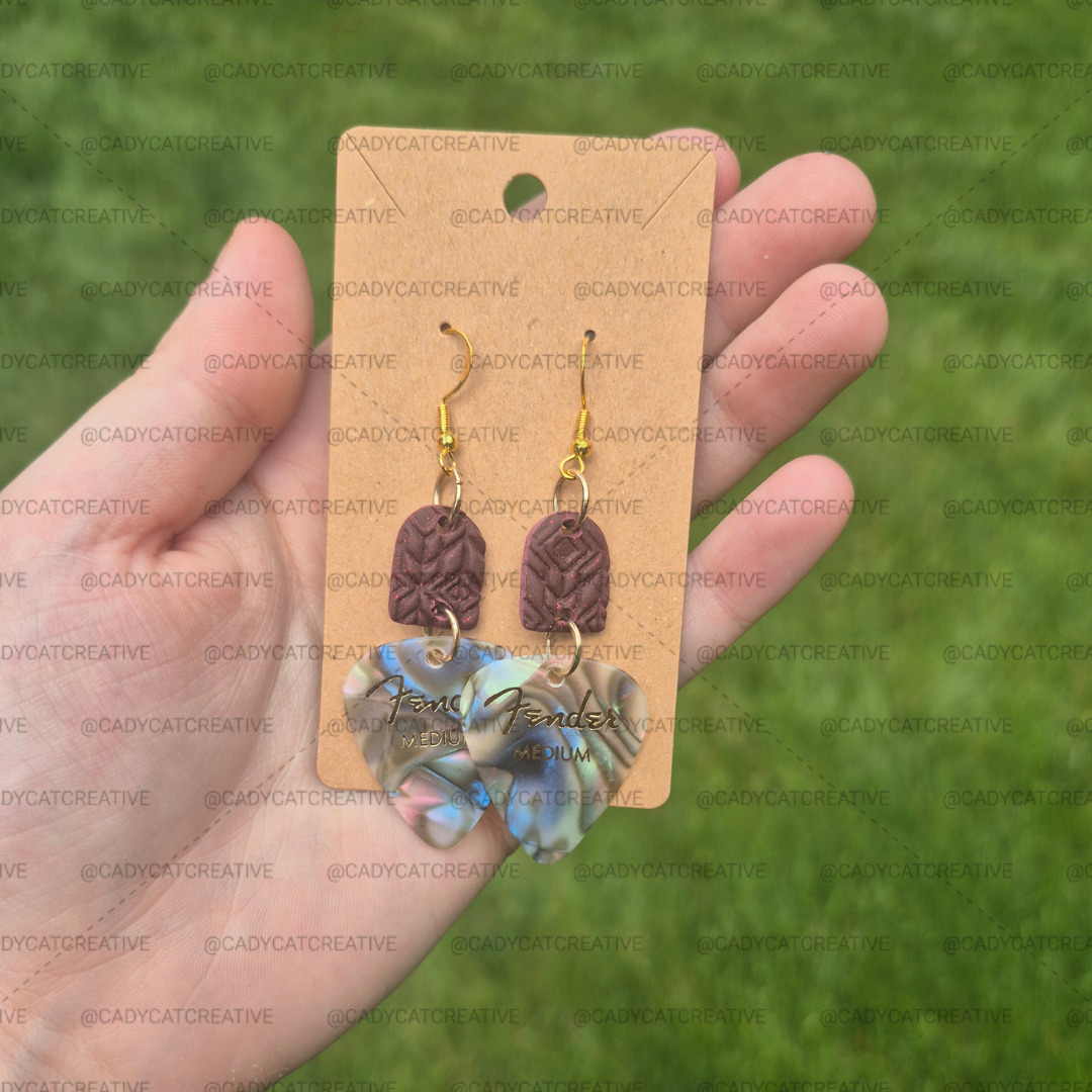 Iridescent Abalone Guitar Pick & Polymer Clay Dangle Earrings
